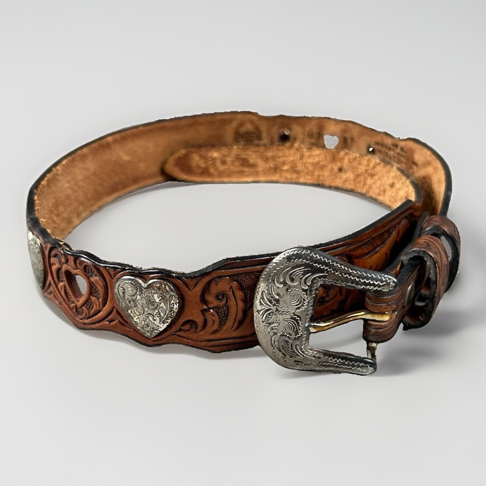 VTG Silver Creek Embossed Tooled Leather Hearts Western Belt Women's 26 Brown
